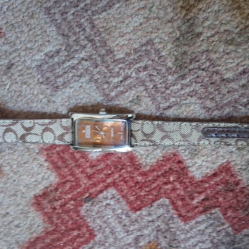 COACH Women's Signature Rectangle Brown Fabric Strap Watch - Picture 2 of 10